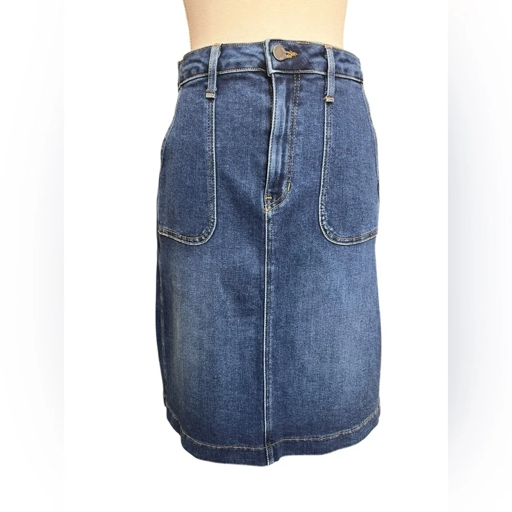 Just Black Denim Skirt Medium High Waist Stretch Knee Length Patch Pocket USA - Picture 2 of 8